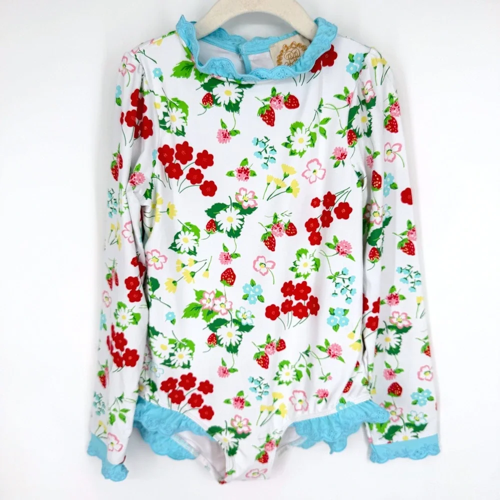The Beaufort Bonnet Company Girl's Sarasota Surf Swimsuit Strawberry Floral Sz 8